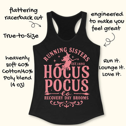Black racerback tank top with a pink and white 'Running Sisters Hocus Pocus Recovery Day Brooms' graphic, shown on a light beige background with decorative text callouts around it.