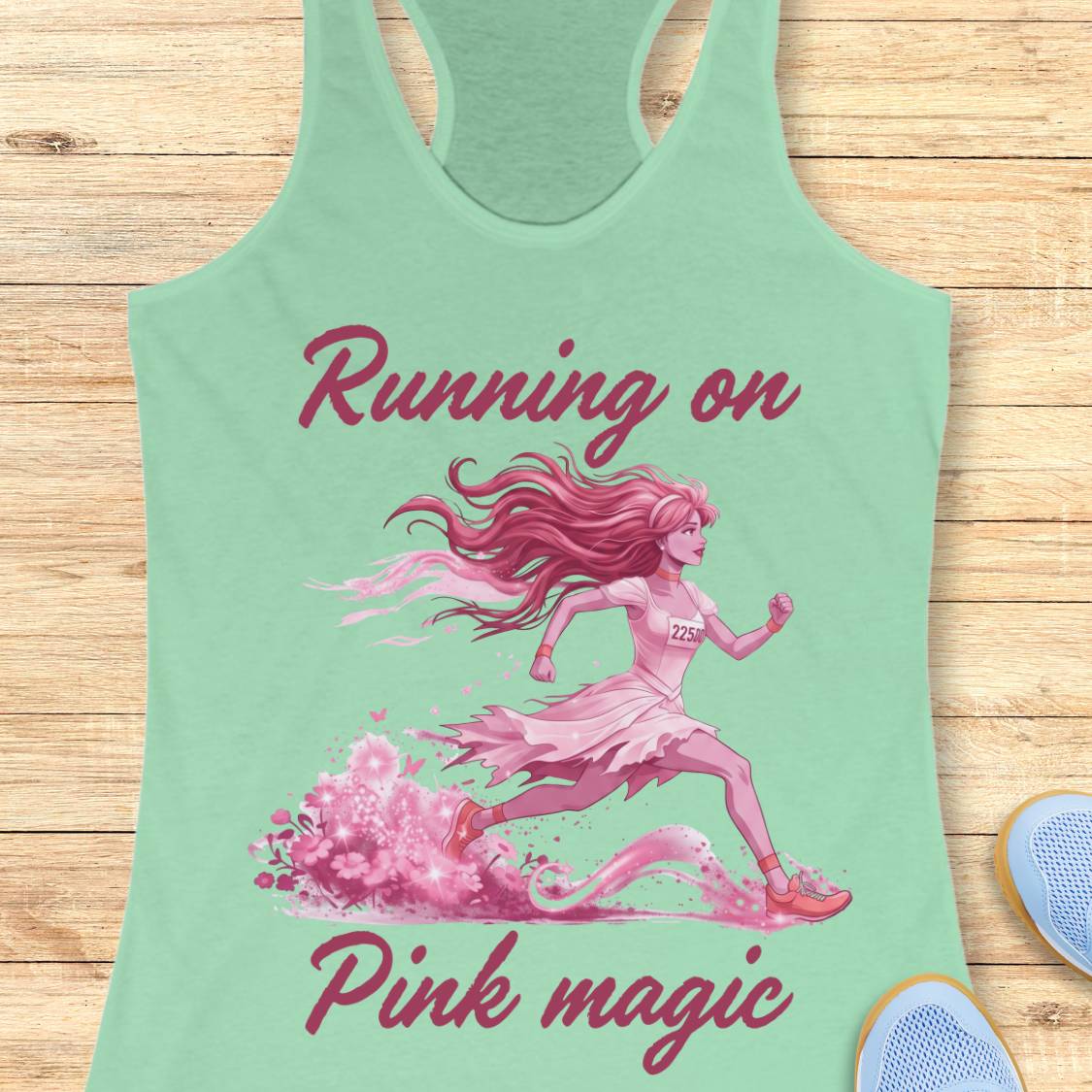 A mint green racerback tank top laid flat on a light wood background, featuring a pink graphic of a running woman with the text 'Running on Pink magic'.