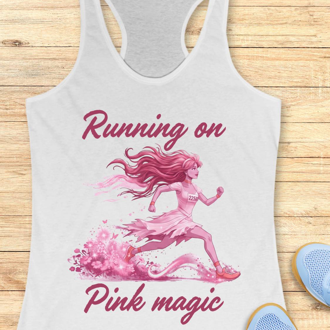 A white racerback tank top laid flat on a light wood background, featuring a pink graphic of a running girl and the text 'Running on Pink magic.' Partial blue shoes are visible at the bottom right as styling props.