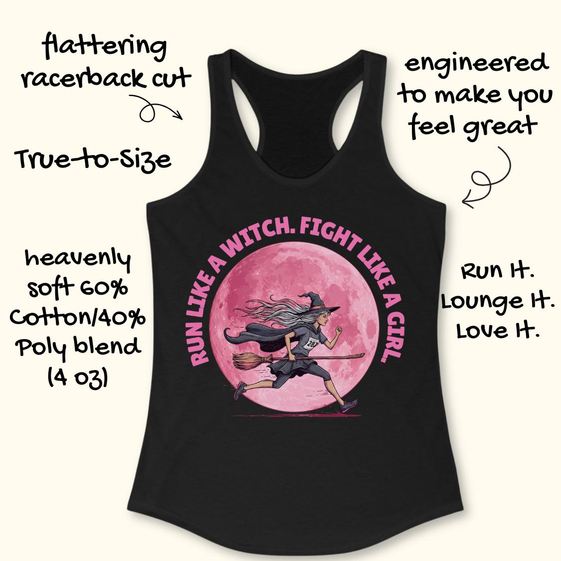 Black racerback tank top with a pink moon graphic and a witch illustration, surrounded by promotional text callouts on a light beige background.