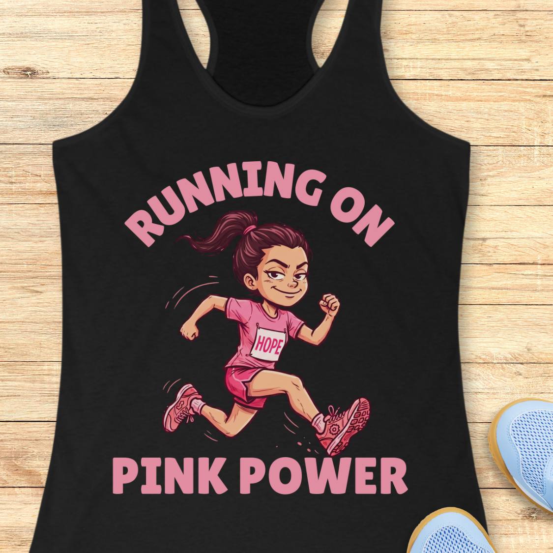 A black racerback tank top laid flat on a light wood background, featuring a cartoon illustration of a smiling female runner in a pink outfit with the words 'RUNNING ON PINK POWER' in pink text.