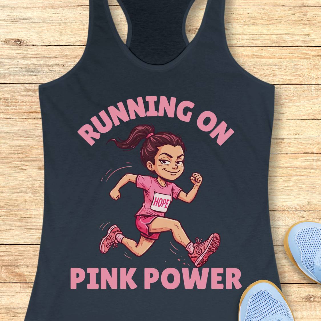 A indigo racerback tank top laid flat on a light wood surface, featuring a pink graphic of a running cartoon girl with the words 'RUNNING ON PINK POWER.' Part of a blue shoe is visible at the lower right as a styling prop.
