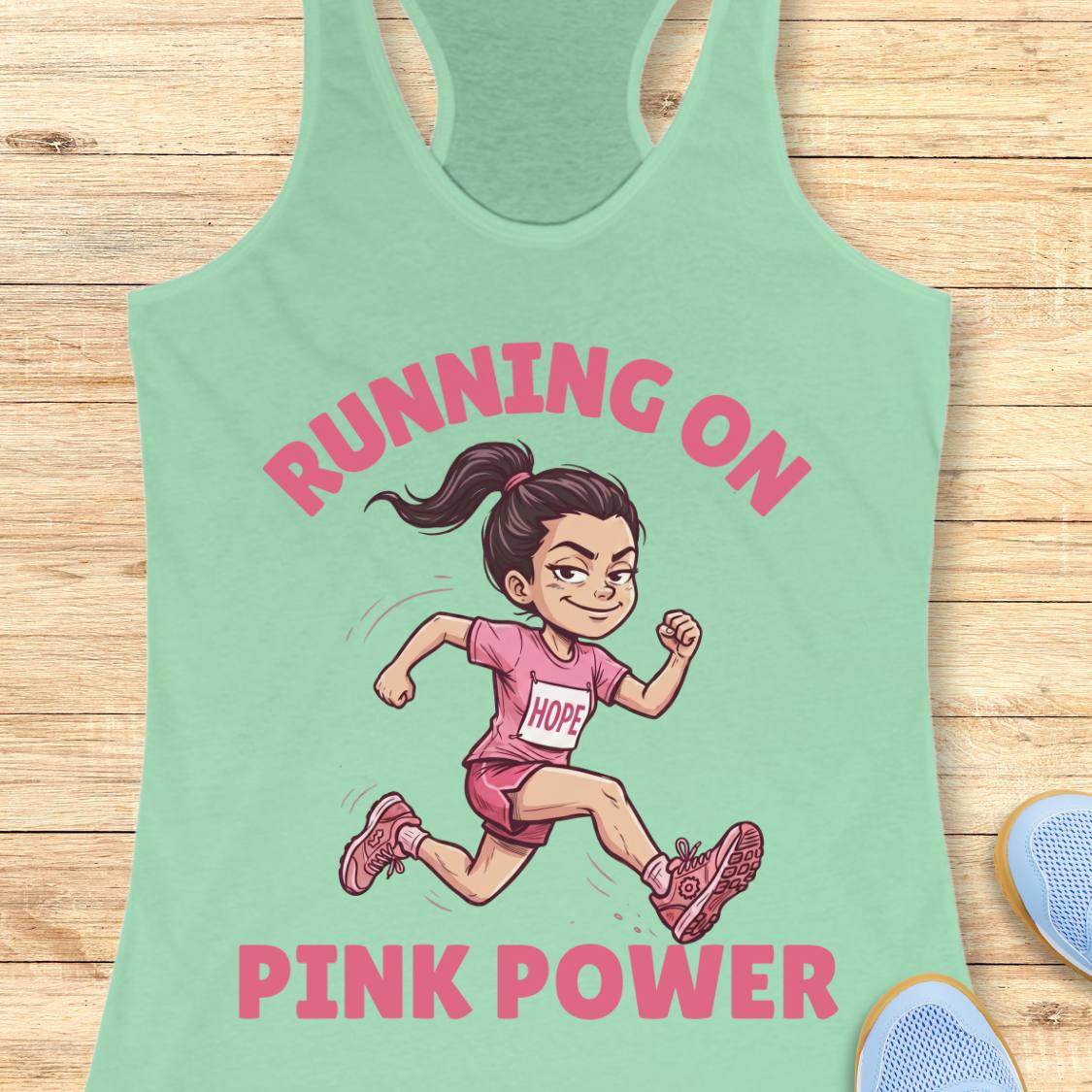 A mint green racerback tank top laid flat on a light wood background, featuring a cartoon illustration of a female runner in pink with the text 'RUNNING ON PINK POWER'.