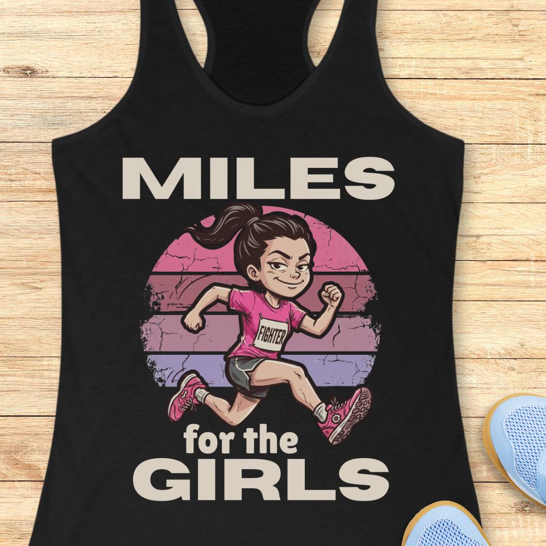 A black racerback tank top laid flat on a light wood surface, featuring a large graphic print of a cartoon girl running with the text 'MILES for the GIRLS' in white. Part of a blue shoe is visible at the bottom right as a styling prop.