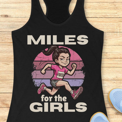 A black racerback tank top laid flat on a light wood surface, featuring a large graphic print of a cartoon girl running with the text 'MILES for the GIRLS' in white. Part of a blue shoe is visible at the bottom right as a styling prop.