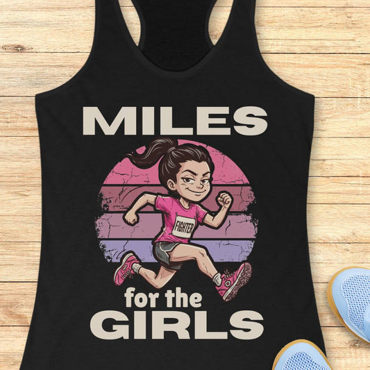 A black racerback tank top laid flat on a light wood surface, featuring a large graphic print of a cartoon girl running with the text 'MILES for the GIRLS' in white. Part of a blue shoe is visible at the bottom right as a styling prop.