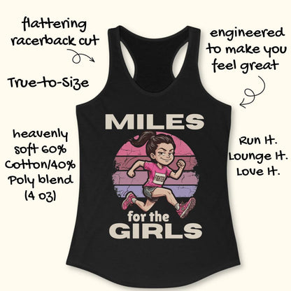 Black racerback tank top with a retro-style runner graphic and the text 'MILES for the GIRLS' on a light beige background, surrounded by handwritten marketing callouts.