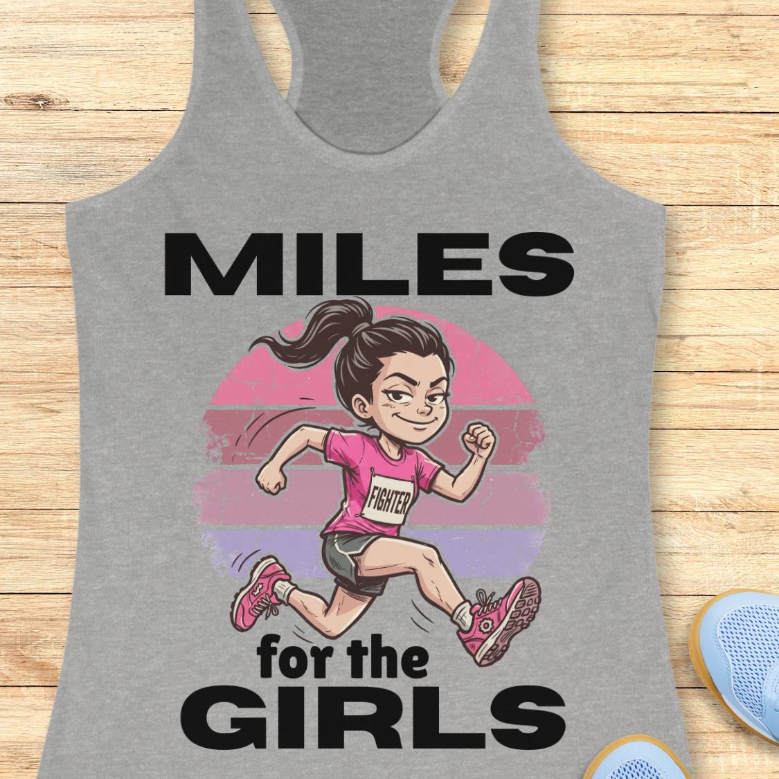 A heather gray racerback tank top laid flat on a light wood surface, featuring a graphic of a cartoon girl running with the text 'MILES for the GIRLS' in black. Partial blue shoes are visible at the bottom right edge.