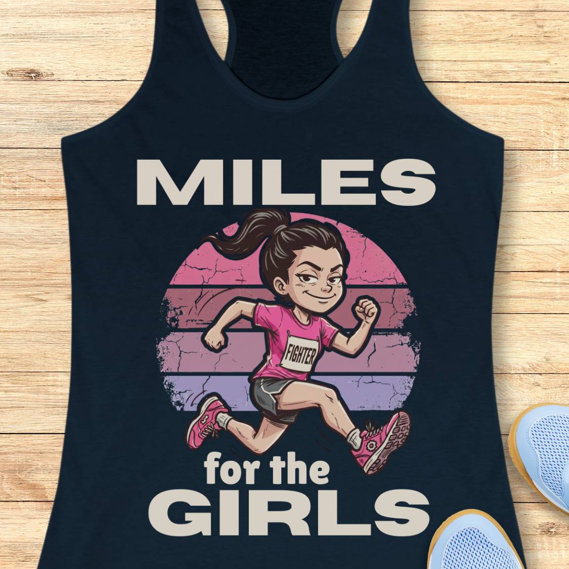 A navy racerback tank top laid flat on a light wood background, featuring a graphic print of a cartoon girl running with the text 'MILES for the GIRLS' in white. Part of a blue shoe is visible in the bottom right corner.