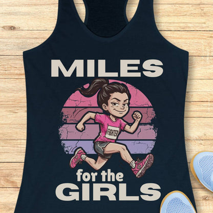 A navy racerback tank top laid flat on a light wood background, featuring a graphic print of a cartoon girl running with the text 'MILES for the GIRLS' in white. Part of a blue shoe is visible in the bottom right corner.