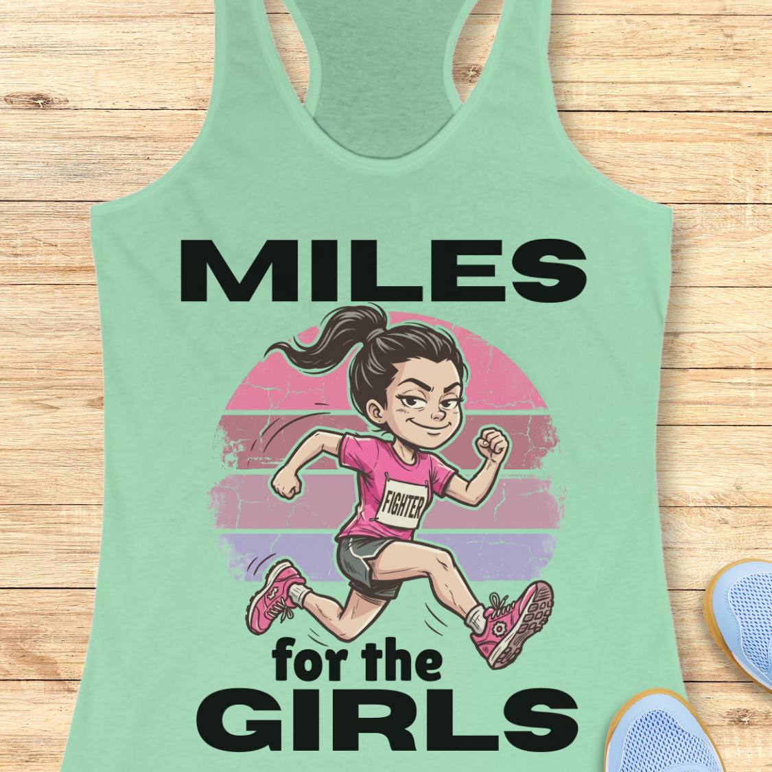 A mint green racerback tank top laid flat on a light wood background, featuring a cartoon illustration of a girl running with the text 'MILES for the GIRLS' in bold black letters.