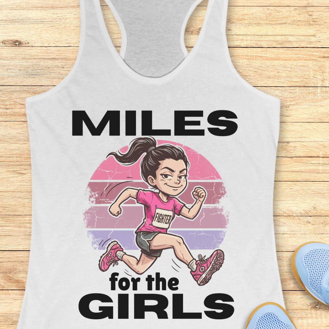 A white racerback tank top laid flat on a light wood surface, featuring a graphic of a running girl with the text 'MILES for the GIRLS' in bold black letters. Part of a blue shoe is visible at the bottom right.