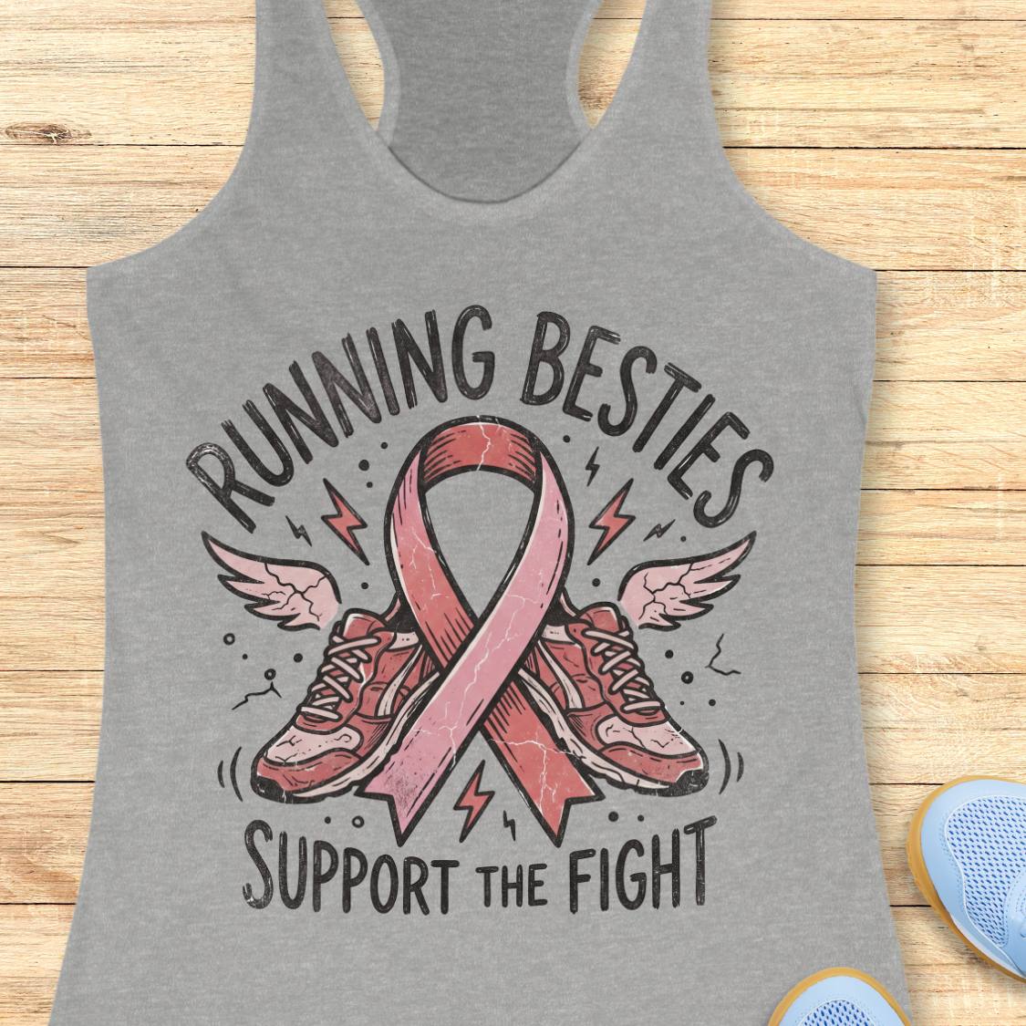 A heather gray racerback tank top laid flat on a light wood surface, featuring a pink ribbon, running shoes, wings, and the text 'RUNNING BESTIES SUPPORT THE FIGHT.' Partial blue shoes are visible at the bottom right as styling props.