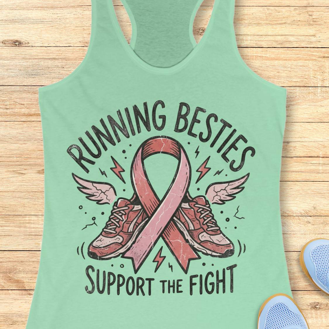 A mint green racerback tank top laid flat on a light wood background, featuring a graphic print of a pink ribbon, running shoes, wings, and the text 'RUNNING BESTIES SUPPORT THE FIGHT'.