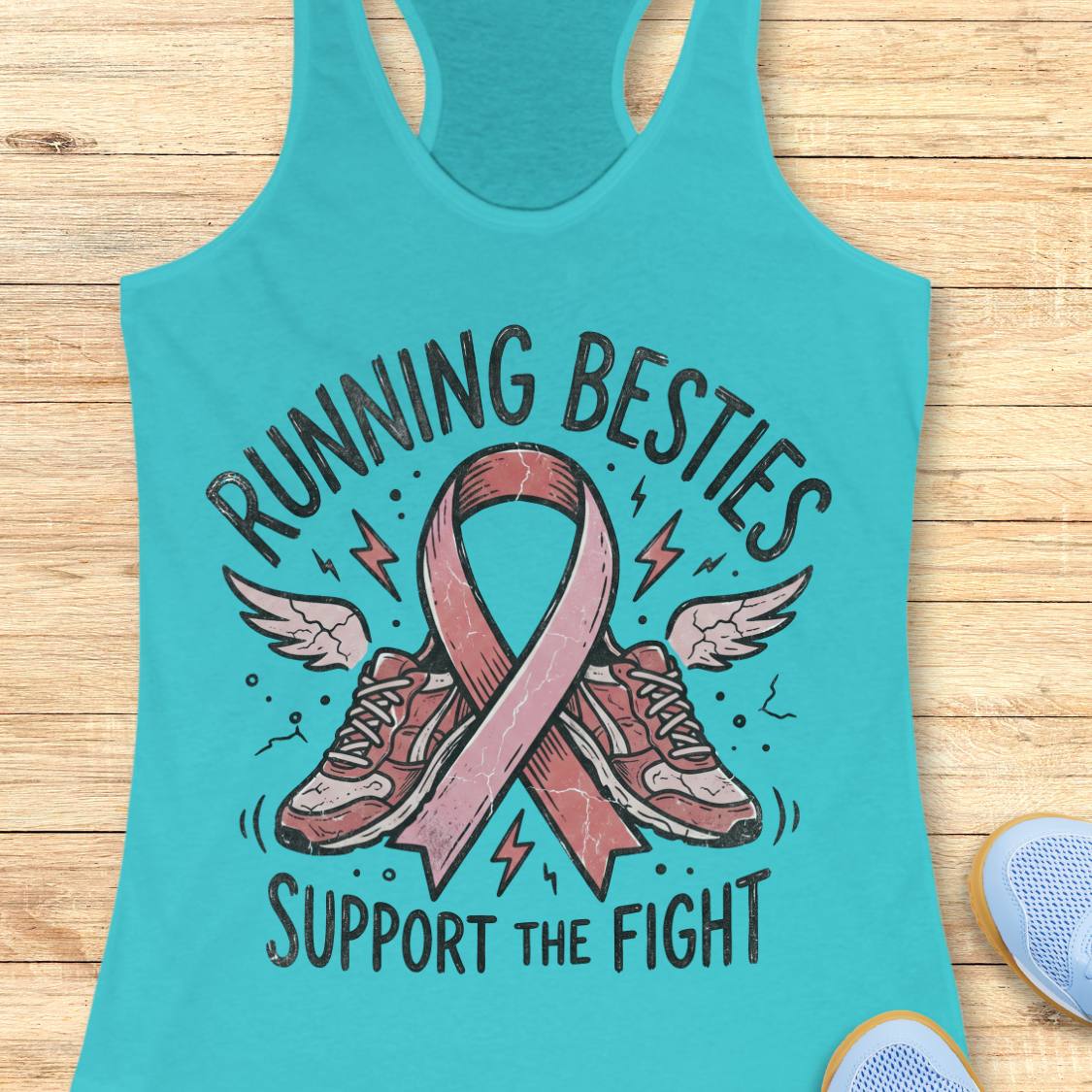 A turquoise racerback tank top laid flat on a light wood surface, featuring a pink ribbon and running shoes graphic with the words 'RUNNING BESTIES SUPPORT THE FIGHT.' Part of a blue shoe is visible at the bottom right as a styling prop.