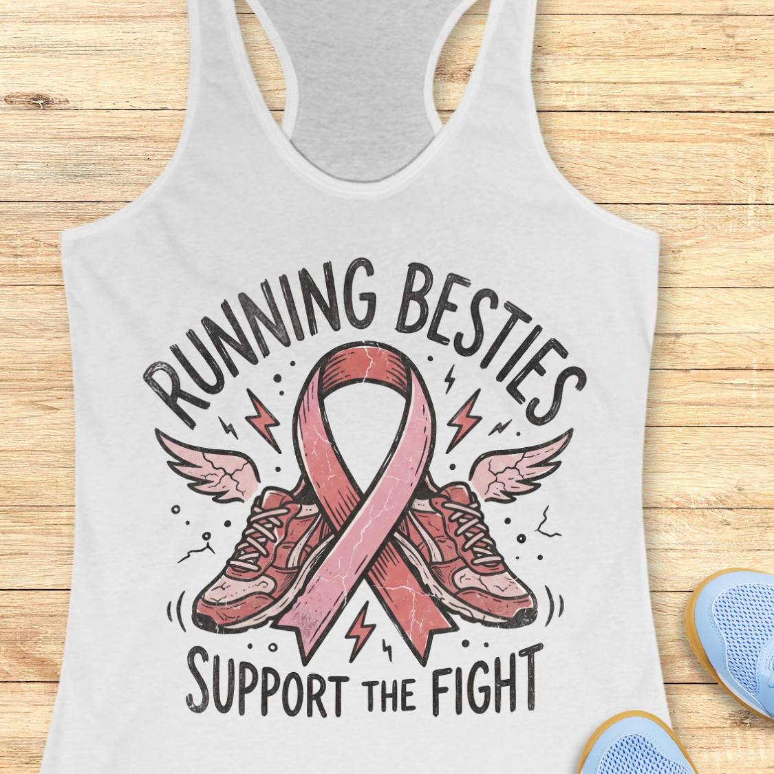 A white racerback tank top laid flat on a light wood surface, featuring a pink ribbon, running shoes, wings, and the text 'RUNNING BESTIES SUPPORT THE FIGHT.' Part of a blue shoe is visible at the bottom right as a styling prop.