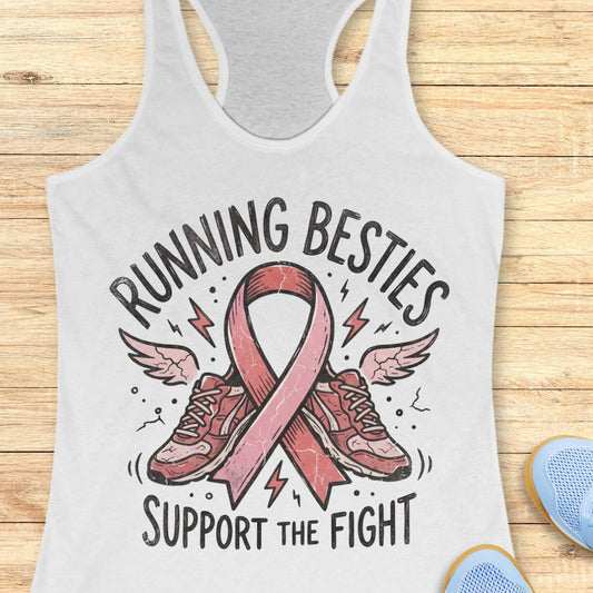 A white racerback tank top laid flat on a light wood surface, featuring a pink ribbon, running shoes, wings, and the text 'RUNNING BESTIES SUPPORT THE FIGHT.' Part of a blue shoe is visible at the bottom right as a styling prop.