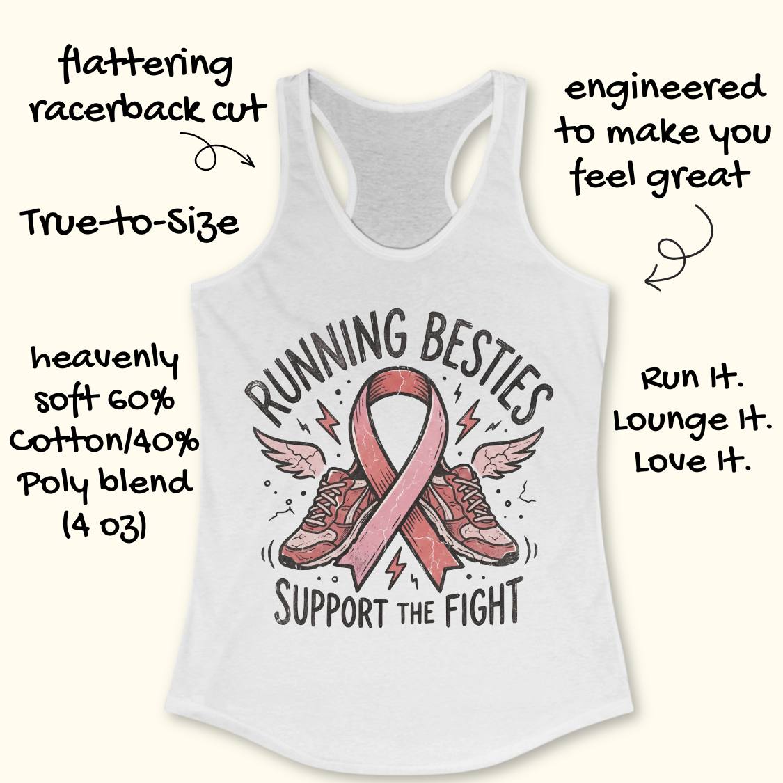 White racerback tank top with a pink ribbon and running shoes graphic on the front, surrounded by promotional text callouts on a light cream background.