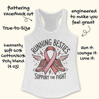 White racerback tank top with a pink ribbon and running shoes graphic on the front, surrounded by promotional text callouts on a light cream background.