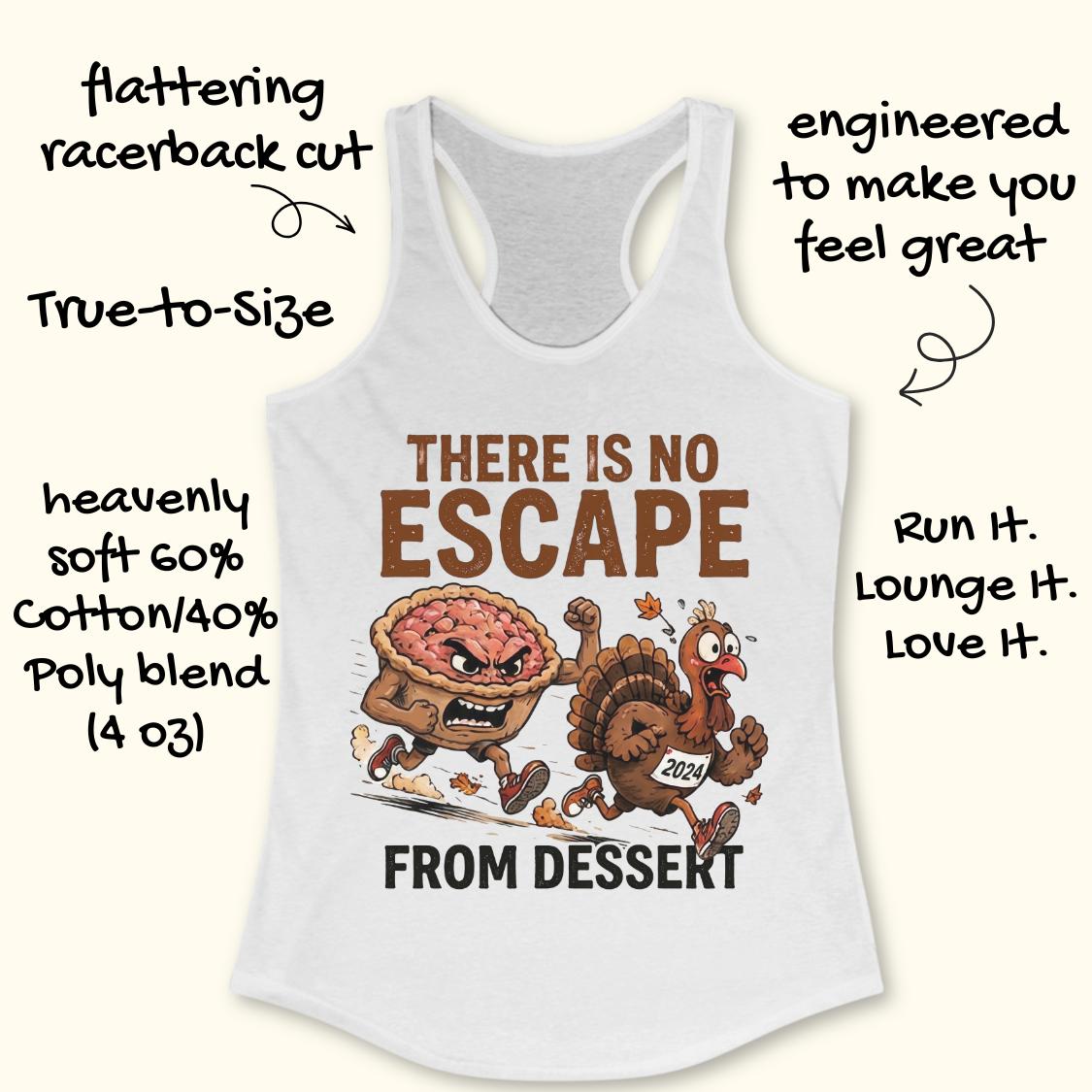 A white racerback tank top with a Thanksgiving-themed graphic of a pie and a turkey, surrounded by hand-drawn text highlighting product features and fabric details.