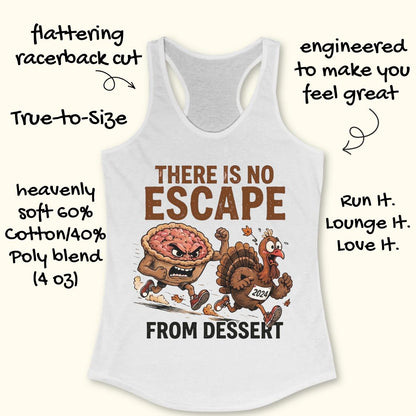 A white racerback tank top with a Thanksgiving-themed graphic of a pie and a turkey, surrounded by hand-drawn text highlighting product features and fabric details.