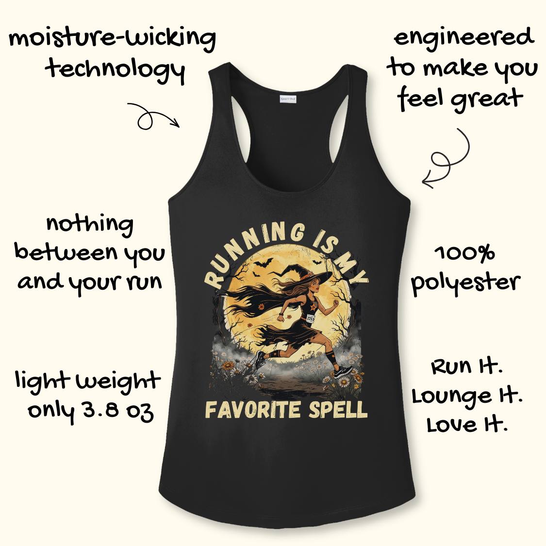 A black racerback tank top with a graphic of a witch running with a broom, surrounded by hand-drawn text overlays highlighting product features like 'moisture-wicking technology' and 'engineered to make you feel great'.