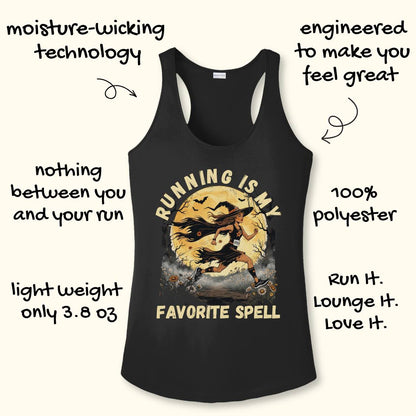 A black racerback tank top with a graphic of a witch running with a broom, surrounded by hand-drawn text overlays highlighting product features like 'moisture-wicking technology' and 'engineered to make you feel great'.
