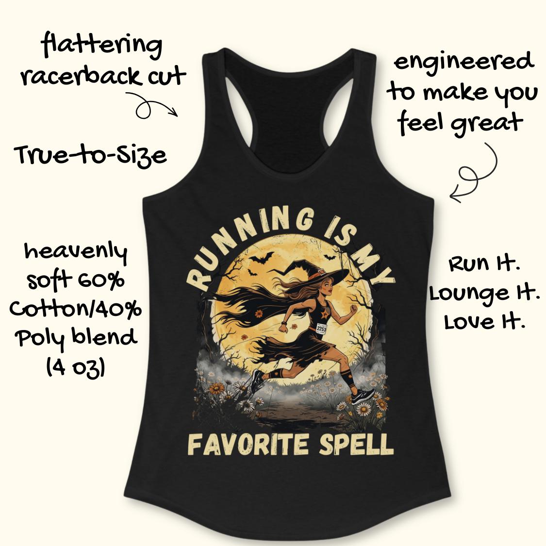 Black racerback tank top with a witch running in front of a full moon graphic and the text 'RUNNING IS MY FAVORITE SPELL' on a light beige background with decorative text callouts around it.