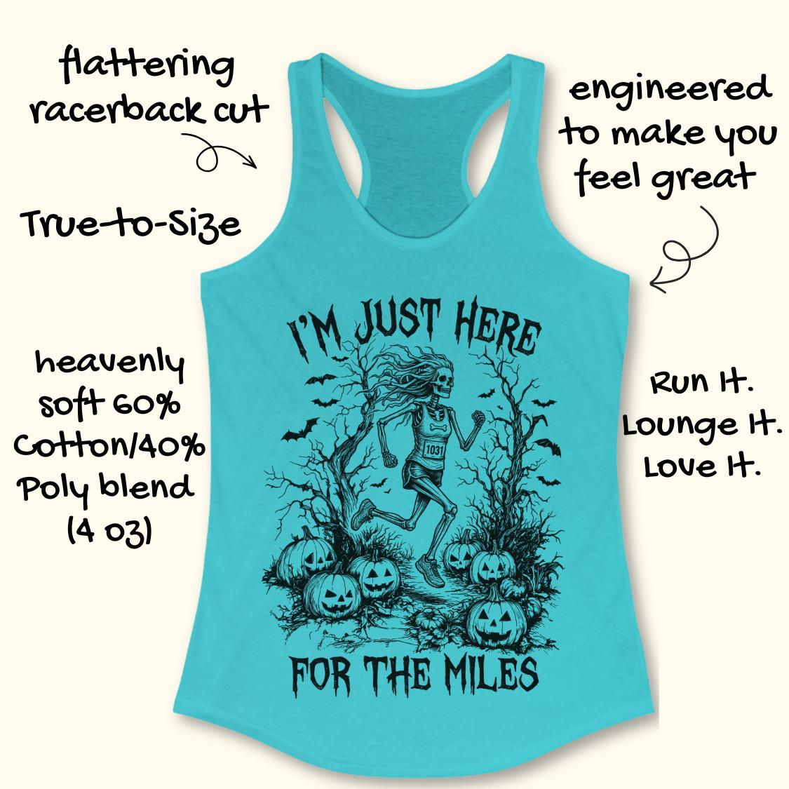 A turquoise racerback tank top with a black graphic of a skeleton running among pumpkins and bare trees, surrounded by handwritten marketing text on a light cream background.