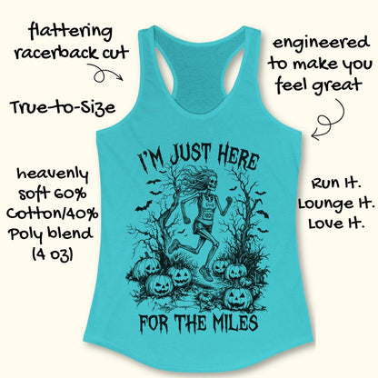A turquoise racerback tank top with a black graphic of a skeleton running among pumpkins and bare trees, surrounded by handwritten marketing text on a light cream background.