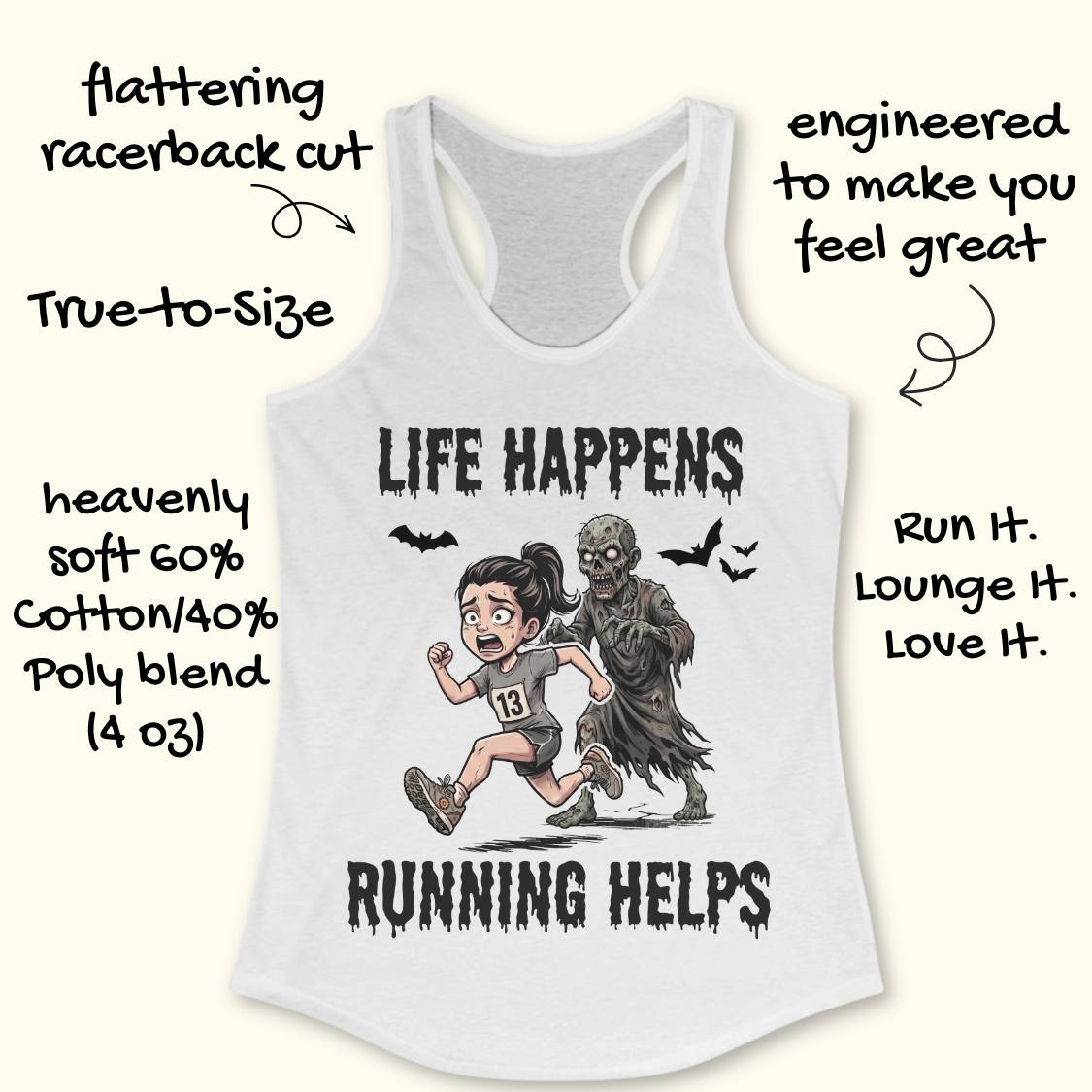 A white racerback tank top with a graphic of a girl running and a zombie, surrounded by hand-drawn text highlighting product features and fabric details.