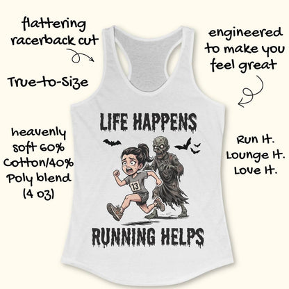 A white racerback tank top with a graphic of a girl running and a zombie, surrounded by hand-drawn text highlighting product features and fabric details.