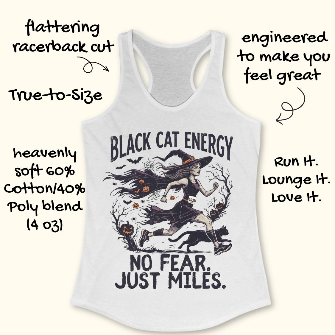 A white racerback tank top with a black graphic of a witch running with a cat, surrounded by handwritten promotional text overlays on a light cream background.