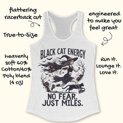 A white racerback tank top with a black graphic of a witch running with a cat, surrounded by handwritten promotional text overlays on a light cream background.