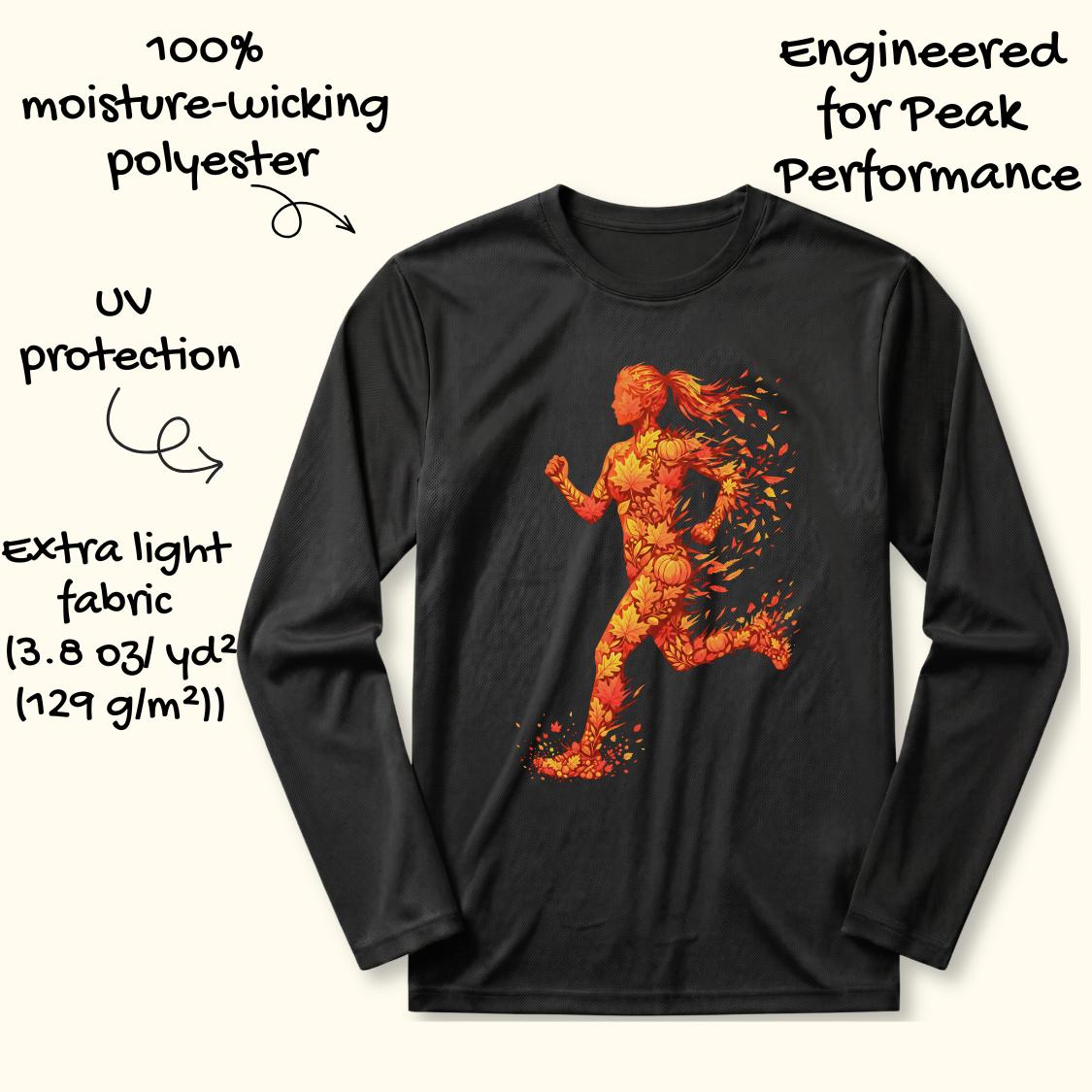 A black long-sleeve athletic t-shirt with a graphic of a running figure made of orange and yellow particles. The image includes text overlays highlighting features like '100% moisture-wicking polyester', 'UV protection', and 'Extra light fabric'.