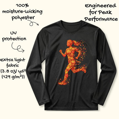 A black long-sleeve athletic t-shirt with a graphic of a running figure made of orange and yellow particles. The image includes text overlays highlighting features like '100% moisture-wicking polyester', 'UV protection', and 'Extra light fabric'.
