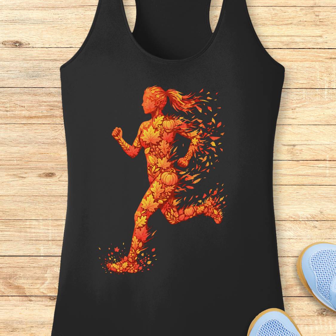 A black racerback tank top laid flat on a light wood plank background, featuring a large graphic of a running female figure made of orange and yellow flame-like shapes. Part of a blue shoe is visible in the bottom right corner as a styling prop.