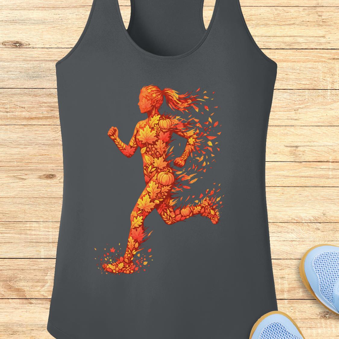 A dark charcoal gray racerback tank top featuring a graphic of a female runner composed of autumn leaves and pumpkins in shades of orange, red, and yellow. The tank top is displayed flat on a light wood plank background, with the tips of blue sneakers partially visible in the bottom right corner.