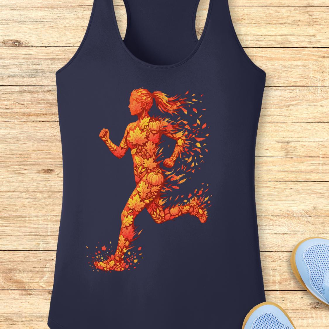 A navy blue racerback tank top featuring a graphic of a female runner composed of orange and red autumn leaves, displayed flat on a light wood plank background with running shoes partially visible at the bottom right.