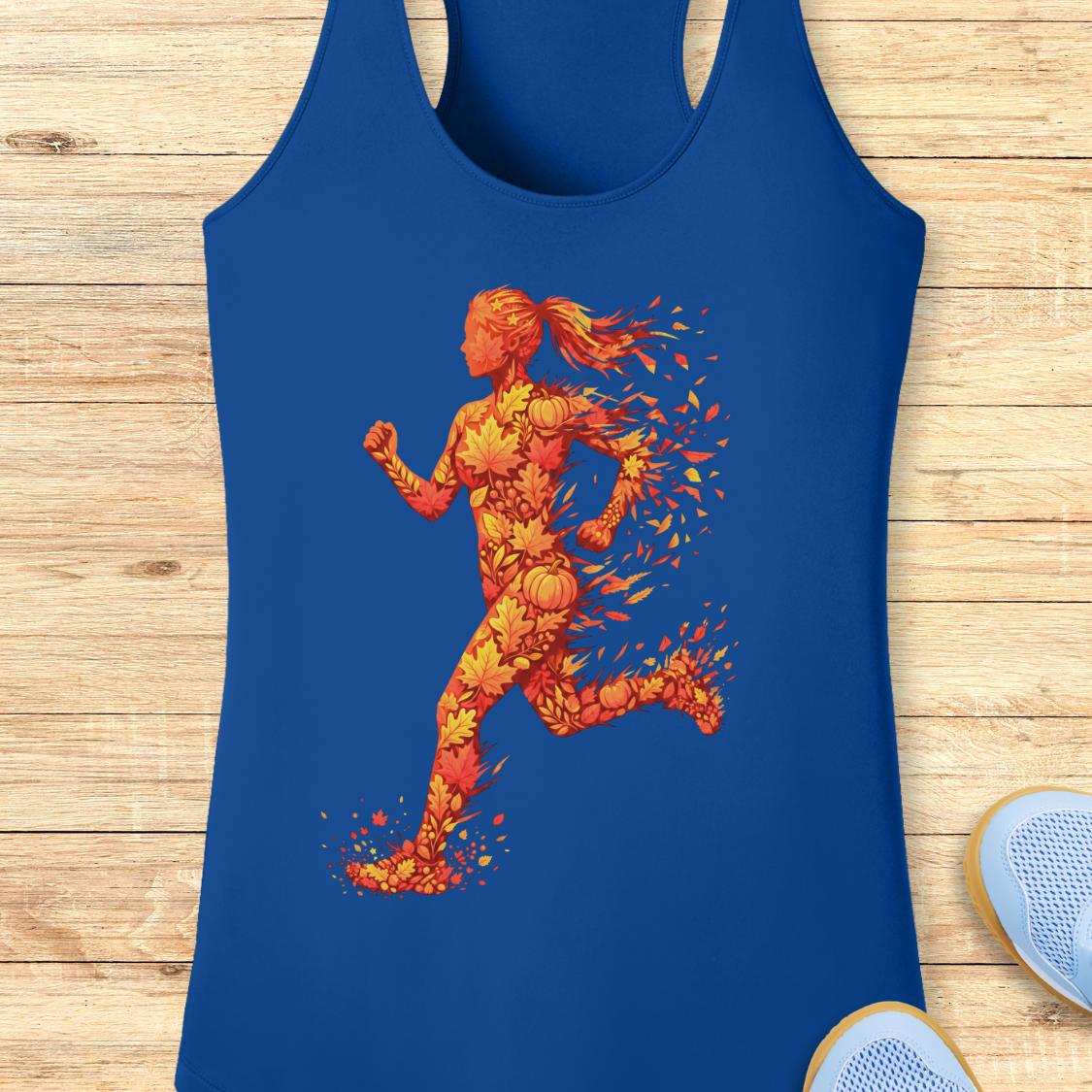 A royal blue racerback tank top featuring a stylized graphic of a female runner composed of orange and yellow leaves, displayed flat on a light wood background with partial sneakers visible at the bottom right.