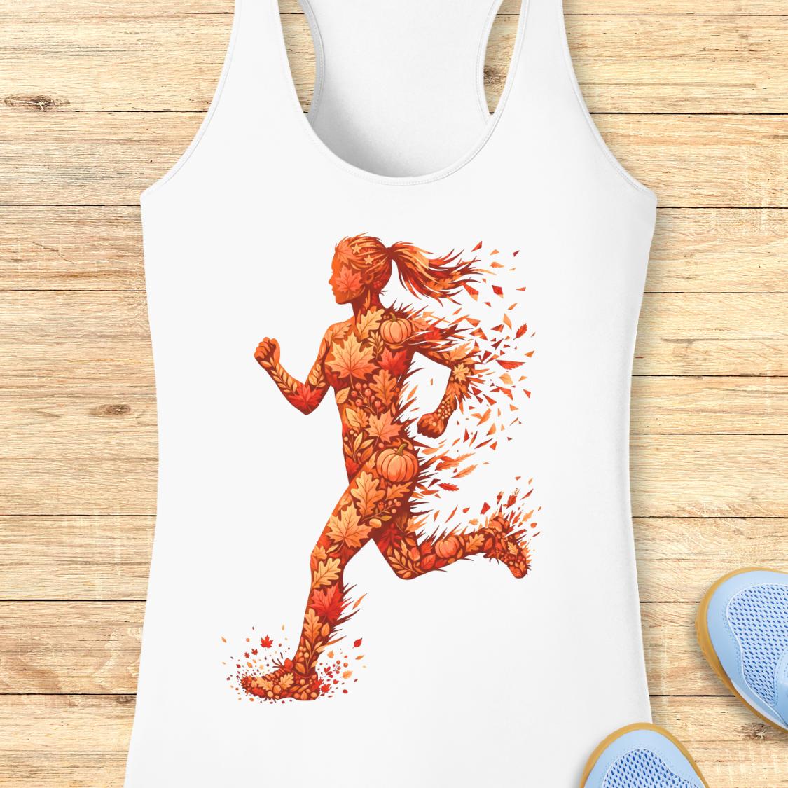 A white racerback tank top laid flat on a light wood plank background, featuring a large graphic of a running female figure made of orange and red autumn leaves and petals.