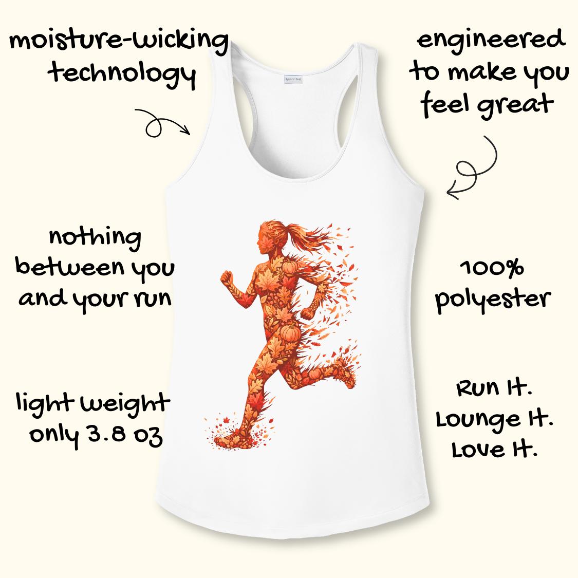 White athletic tank top with a running figure made of orange and red leaves on the front, surrounded by hand-drawn text callouts on a light cream background.