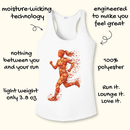 White athletic tank top with a running figure made of orange and red leaves on the front, surrounded by hand-drawn text callouts on a light cream background.
