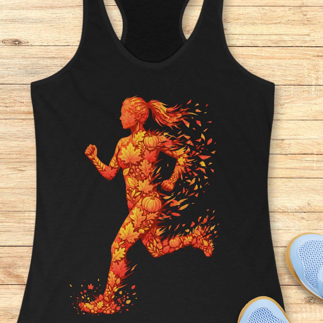 A black racerback tank top laid flat on a light wood surface, featuring a large graphic of a running female figure composed of autumn leaves and pumpkins in orange, red, and yellow tones. Part of a blue shoe is visible at the bottom right.