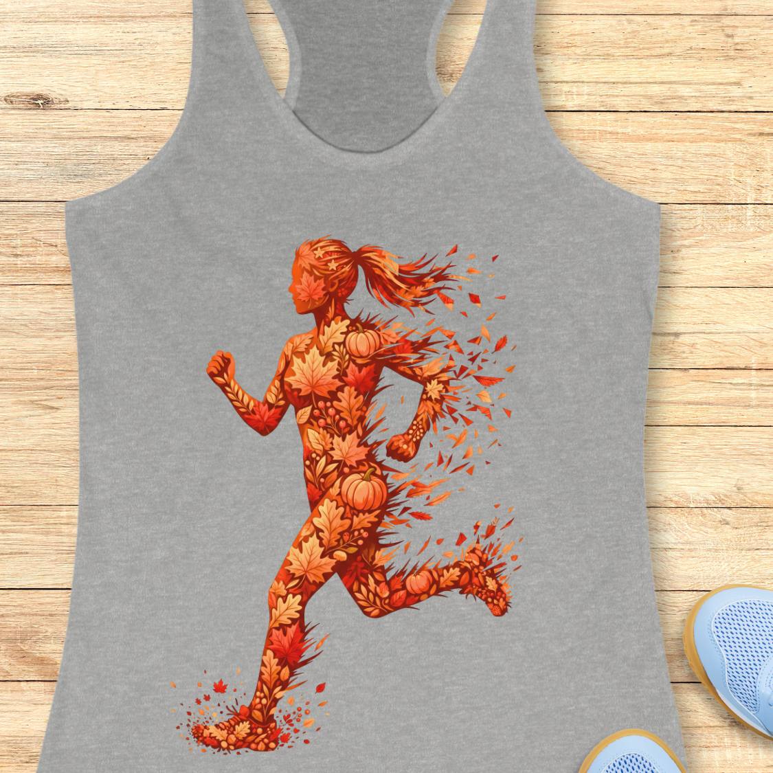 A heather gray racerback tank top featuring a graphic of a female runner composed of autumn leaves, pumpkins, and orange splatters, laid flat on a light wood plank background.