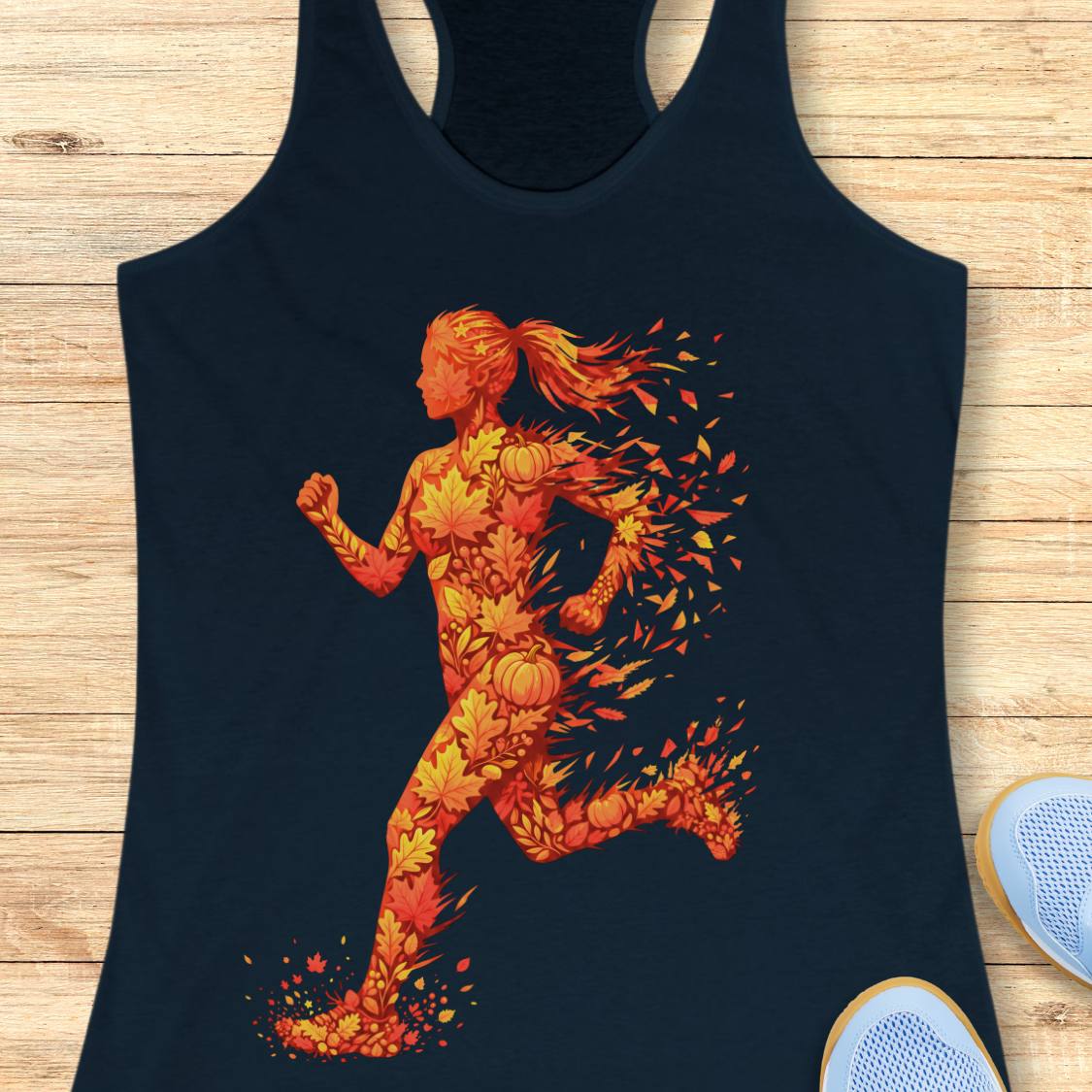 A navy racerback tank top laid flat on a light wood surface, featuring a large graphic of a running woman composed of autumn leaves, pumpkins, and orange foliage. Partial white sneakers are visible at the bottom right as styling props.