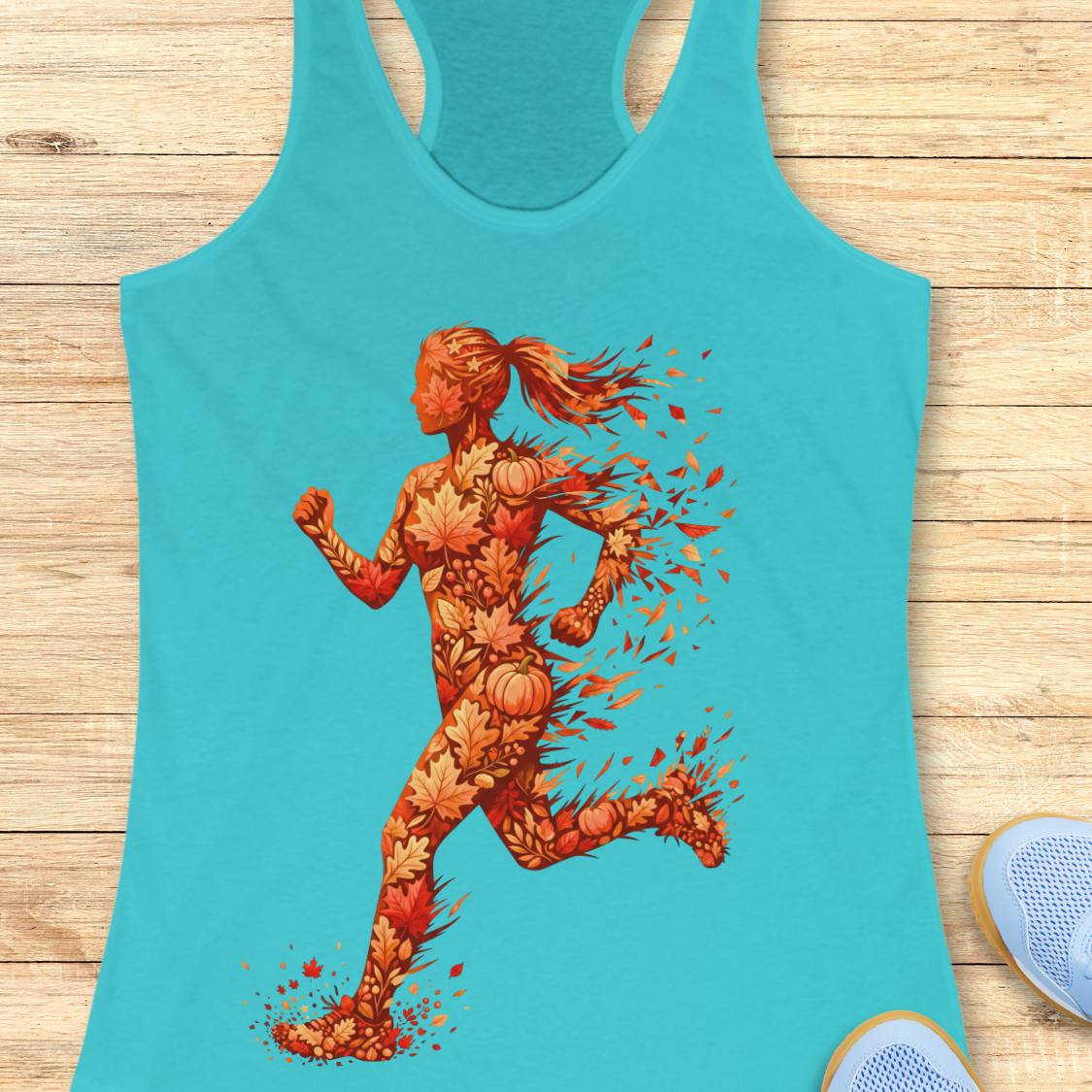 A turquoise racerback tank top laid flat on a light wood surface, featuring a large graphic of a running female silhouette made from autumn leaves, pumpkins, and falling leaves in orange, red, and brown tones. Partial light blue sneakers are visible at the bottom right corners.