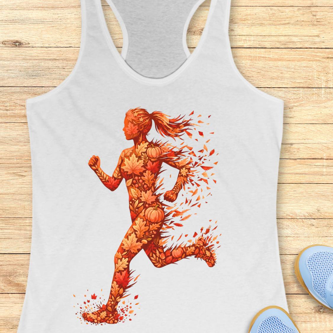 A white racerback tank top laid flat on a light wood surface, featuring a large graphic of a running woman composed of orange and red autumn leaves and maple leaves.