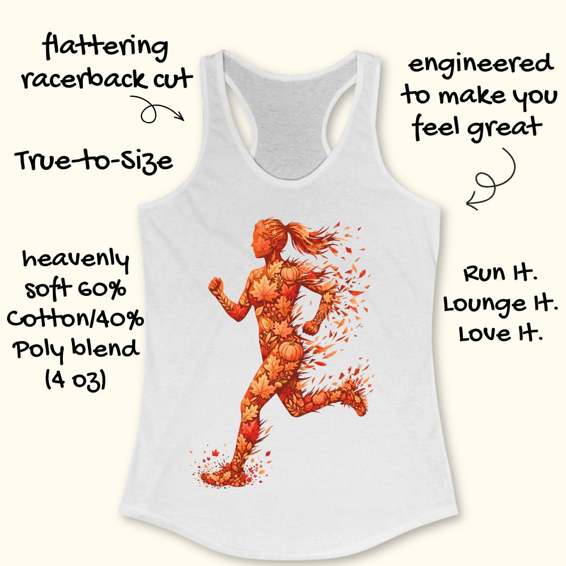 White racerback tank top with a running woman graphic made of orange and red flower-like shapes, shown on a light beige background with decorative text callouts around the garment.