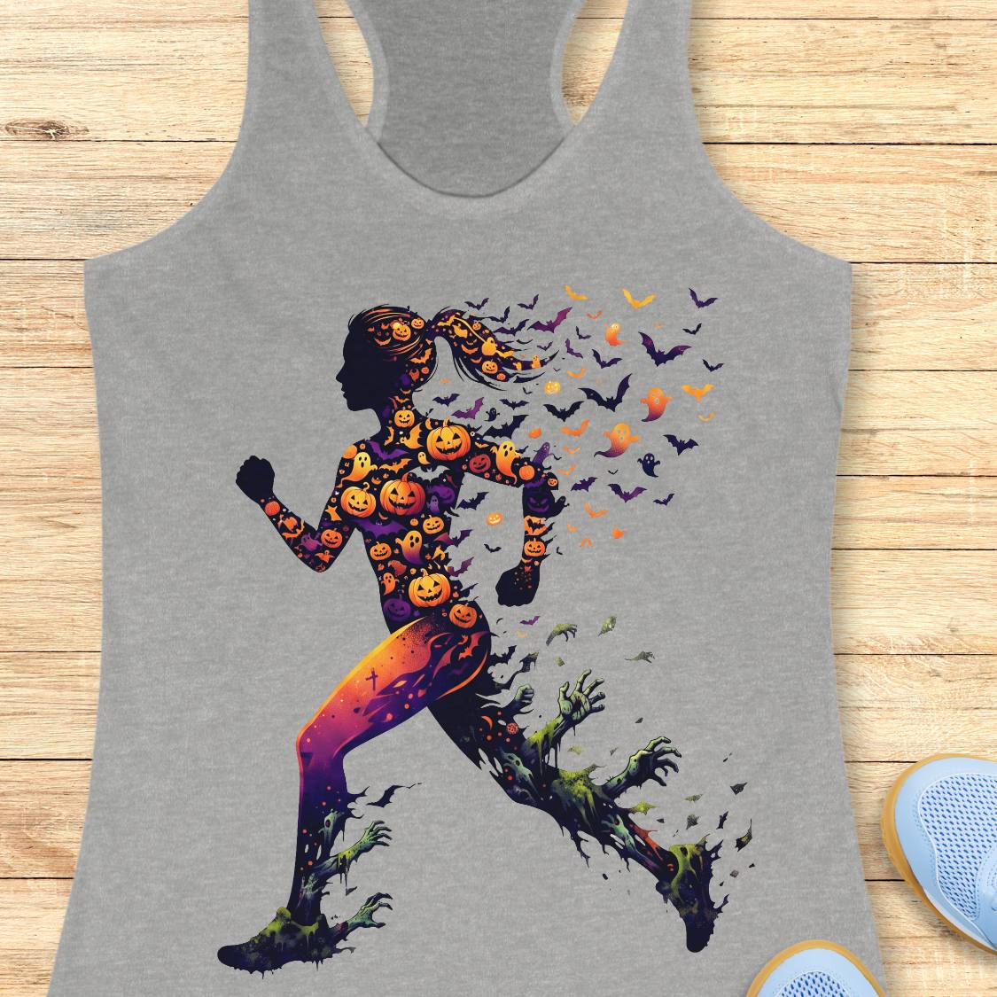 A heather gray racerback tank top featuring a graphic of a running woman composed of orange pumpkins and Halloween motifs, with bats flying out of her, displayed on a light wood background.